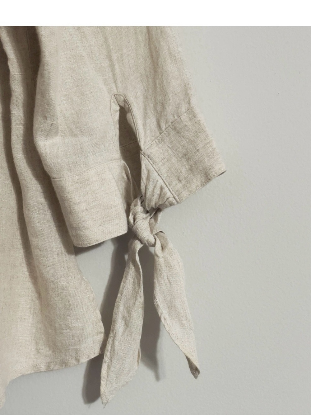 Liz Claiborne Boxy Linen Top Sz L Beige Knot Sleeve Coastal Lagenlook Minimalist - Picture 9 of 12